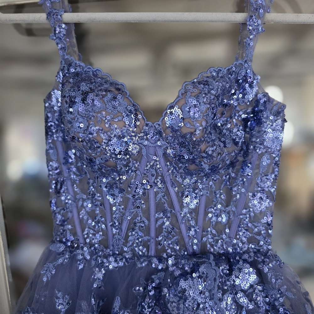 EUC Sherri Hill 55500 Prom Formal Gown Dress 4 Purple Sequin Lace Tiered Corset - Picture 4 of 11